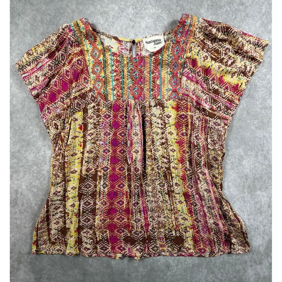 Savanna Jane Tops - Savanna Jane Womens 1X Rayon Blouse Brown Geometric Embroidered Boho Peasant